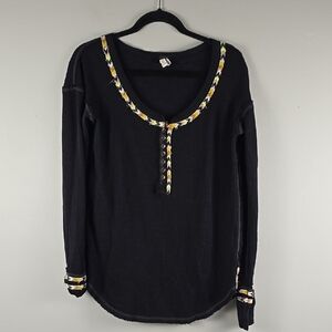 We the Free People Black Long Sleeve Henley thermal Top with Patterned Trim